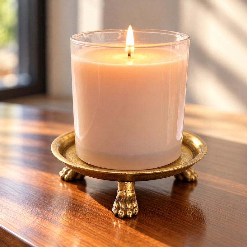 May include: A lit candle in a clear glass container sits atop a circular, metallic gold-toned pedestal base. The base features three distinct feet shaped like animal paws, providing a raised platform for the candle vessel.