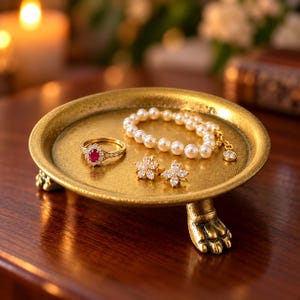 May include: A round, gold-toned metal trinket dish with three claw-shaped feet. The dish holds a gold ring with a central oval red stone surrounded by small clear stones, a white pearl bracelet, and two flower-shaped stud earrings.