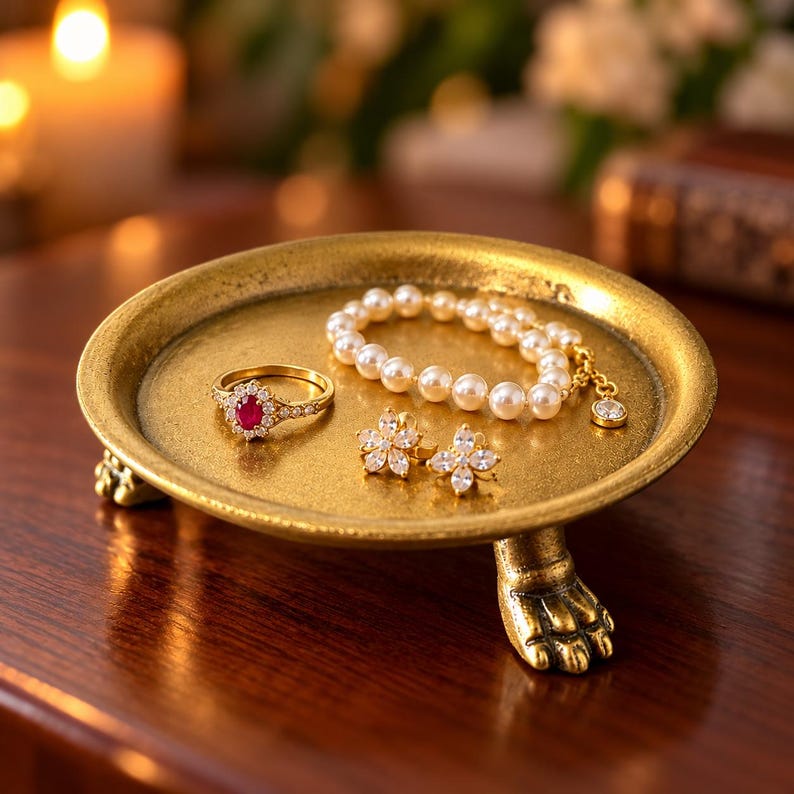 May include: A round, gold-toned metal trinket dish with three claw-shaped feet. The dish holds a gold ring with a central oval red stone surrounded by small clear stones, a white pearl bracelet, and two flower-shaped stud earrings.