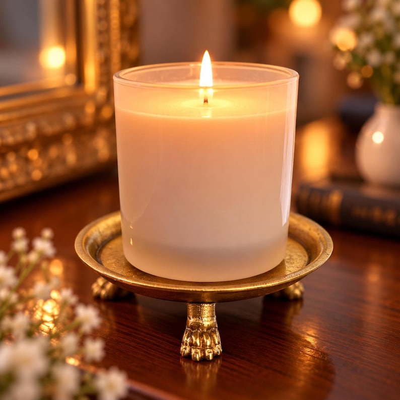 May include: A lit candle in a clear glass container resting on a circular gold-toned metal stand. The stand features three distinct feet shaped like animal paws, providing a raised base for the candle vessel. The wax is opaque and white.