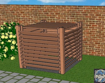 Puede incluir: Un contenedor de compost de madera con un diseño de listones y un techo. El contenedor es de color marrón y está situado sobre una superficie cubierta de hierba delante de una pared de ladrillo.