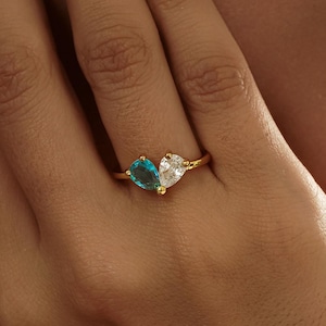 Personalized Heart Birthstone Ring, Minimalist 2 Birthstone Ring, Dainty Stacking Jewelry, Anniversary Gift, Christmas Gift, Gift for Mom