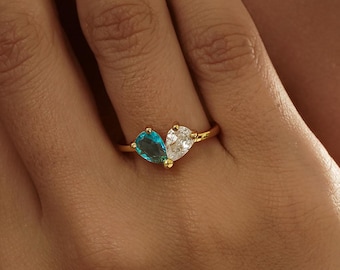 Personalized Heart Birthstone Ring, Minimalist 2 Birthstone Ring, Dainty Stacking Jewelry, Anniversary Gift, Christmas Gift, Gift for Mom