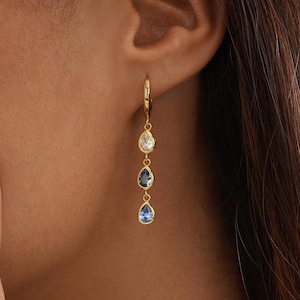 Custom Teardrop Birthstone Earrings, Multiple Birthstone Hoop Huggie Earrings, Daily Dangle Drop Earrings, Perfect Gift,BirthdayGift for Her
