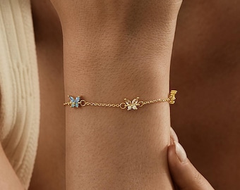 Pulsera personalizada con mariposa y piedra natal, pulsera personalizada con múltiples piedras natales, delicada pulsera de diamantes, regalo de joyería personalizada para ella