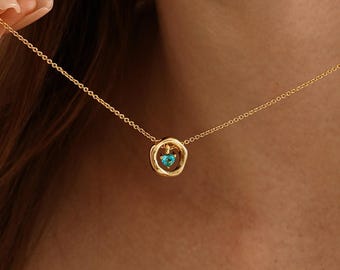 Custom Heart Birthstone Necklace, Round Pendant Necklace with Birthstone, Minimalist Gold Necklace, Christmas Gifts, Birthday Gift for Her