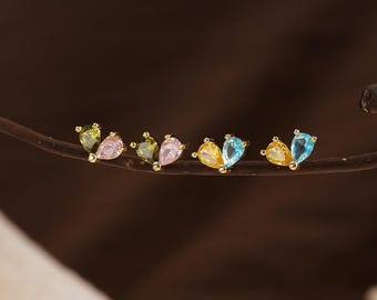 Personalized Heart Birthstone Earrings, Toi Et Moi Stud Earrings, Minimalist Daily Earring, Gemstone Jewelry, Gift for Her, Christmas Gift