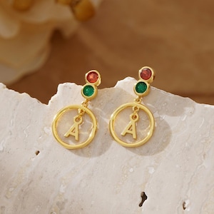 Personalised Letter Earrings, Custom Double Birthstone Earrings, Gold Initial Earrings, Dainty Earrings for Women, Christmas Gift for Her