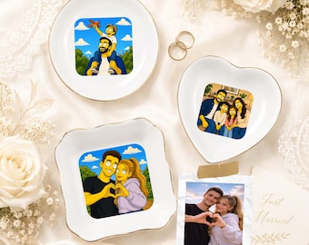 Custom Family Photo Trinket Tray, Turn Picture to Yellow Cartoon Ring Dish, Personalized Best Friend Picture Jewelry Holder,Ceramic Catchall