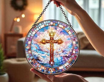 Christian Stained Glass Suncatcher, Christian Glass Window Hanging, Religious Faith Gift, Jesus Christ Suncatcher, Christian Cross Decor