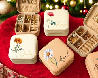 Personalized travel jewelry box, Jewelry Travel Case, Birth month Flower Jewelry Box,Christmas Gift for Women, Holiday Gift,Bridesmaid Gifts