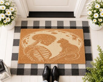 Skull Cat Moon Doormat, Funny Cat Lover Gift, Gothic Pet Mat, Halloween Decor, Spooky House Welcome Mat