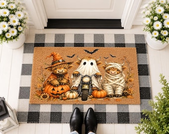 Cute Bear and Ghost Doormat, Funny Halloween Porch Mat, Autumn Fall Welcome Mat, Spooky Season Decor