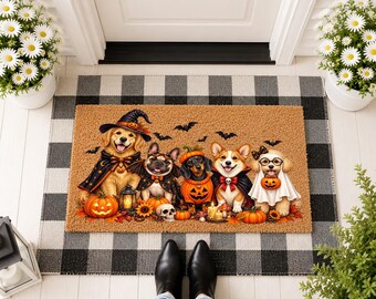Spooky Dog Halloween Doormat, Funny Pet Trick or Treat Mat, Autumn Dog Lover Gift, Fall Porch Decor