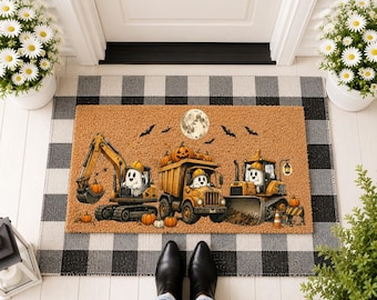 Spooky Pumpkin Construction Doormat, Halloween Truck Yard Sign, Fall Harvest Welcome Mat, Funny Autumn Porch Decor