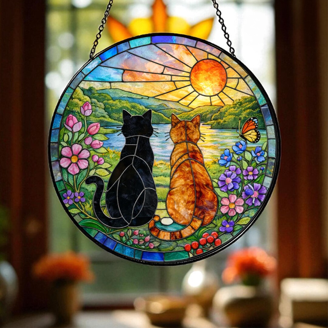 Cats Stained Glass Suncatcher, Pet Lover Window Hanging, Gift for Cat ...