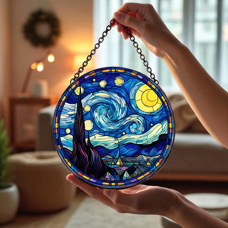 Starry Night Stained Glass Suncatcher, Van Gogh Window Hanging, Starry ...
