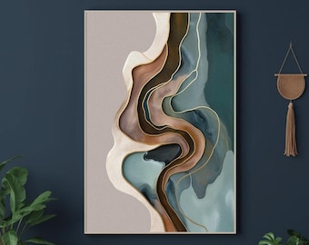 Neutral Abstract Art Print, Beige Blue Organic Shapes Digital Download