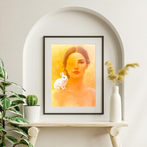 Watercolor Woman Portrait with Rabbit: Abstract Art Print (Digital Download)