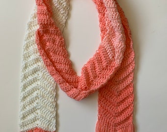 Extra Long Scarf in Peaches and Cream Chevron with Fringe, ready to ship.