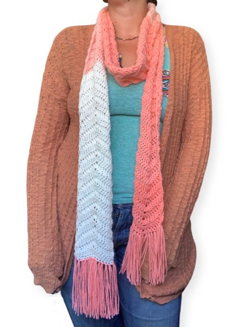 Extra Long Scarf in Peaches and Cream Chevron with Fringe, ready to ship. image 2