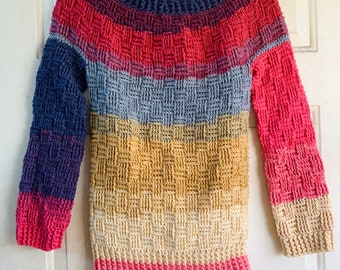 Basket Weave gehaakte pullover trui in roze, blauw en beige, damesmaat klein, klaar om te verzenden.