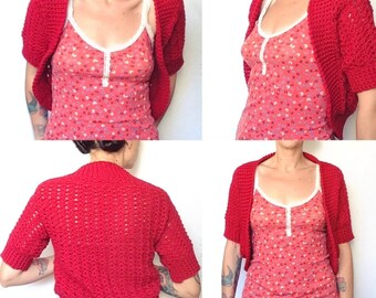 Crochet half sleeve shrug sweater in red, ready to ship