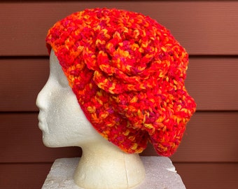 Slouchy Crochet Beanie Hat with Flower in Fall Neons, ready to ship.