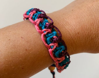 Lacy Tri Color Hemp Bracelet in Pink, Purple, and Turquoise, ready to ship.