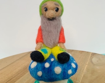 Felted Gnome Sitting on a Toadstool, Jeremy Gnome, ready to ship.