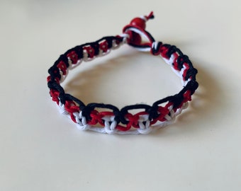 Lacy Tri Color Hemp Bracelet in Black, White, and Red, ready to ship.