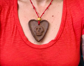 Skull Heart Pendant Necklace, Hand Sculpted Rustic Stoneware, ready to ship.