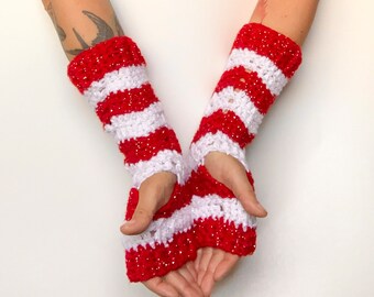 Christmas Red and White Sparkly Wrist Warmer Gloves in Chevron Stripes, vegan friendly, ready to ship.