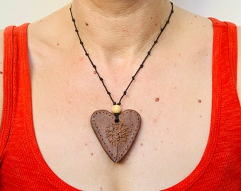 Dandelion Heart Pendant Necklace, Hand Sculpted Rustic Stoneware, ready to ship.