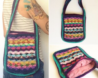 Boho Crochet Sling Purse, Fully lined, ready to ship.