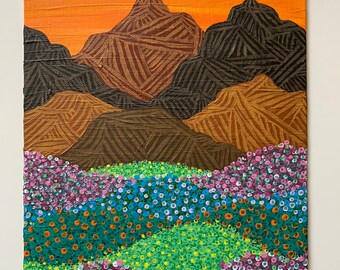 America the Beautiful; mountain-scape with floral fields, original acrylic art painting, 8x10 canvas board, ready to ship.