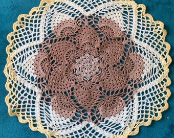 Large Crochet Pineapple Stitch Furniture Doily in Taupe, Ecru, and Lemon, ready to ship.