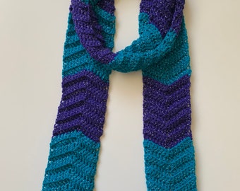 Crochet Wrap Turquoise and Purple Sparkle, Chevron with Fringe, ready to ship.