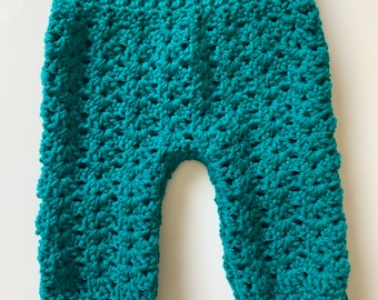 Crochet Baby Pants in Deep Teal, size 3-6 months, ready to ship