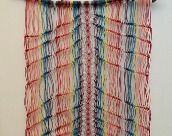 Multicolored Hemp Macrame Wall Hanging on Natural Wood Tree Branch, ready to ship.