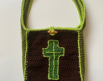 Crochet Sling Purse With Green Cross, Fully lined, ready to ship.