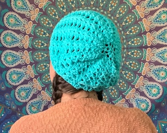 Slouchy Crochet Beanie Hat in Turquoise, ready to ship.