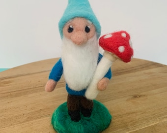 Needle Felted Gnome With Toadstool, Marvin Gnome, ready to ship.