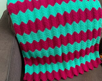 Crochet Chevron Stripes Baby Afghan in raspberry and jade, ready to ship.