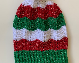 Christmas Slouchy Crochet Beanie Tam Hat in Chevron, Red, White, and Green Stripes, ready to ship.