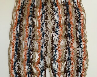 Hemp Macrame Wall Hanging in Natural, Brown, Navy, and Orange, on Natural Wood Tree Branch, ready to ship.