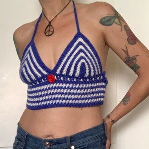 Nautical Striped Halter Top in Royal Blue and White, US Size XS to Small, ready to ship.