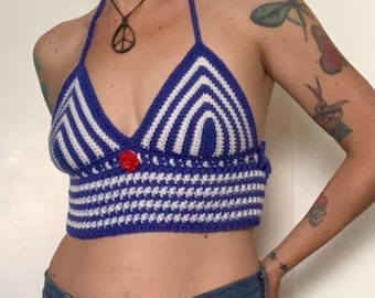 Nautical Striped Halter Top in Royal Blue and White, US Size XS to Small, ready to ship.