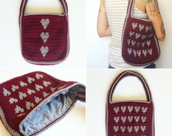 Burgundy and Grey Hearts Shoulder Purse, ready to ship.