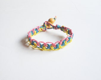 Lacy Tri Color Hemp Bracelet in Pink, Blue and Yellow, ready to ship.